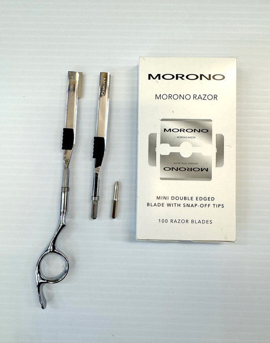 Morono Razor Handle (All-in-One Universal) + Pack of 100 Morono Razors on a light gray background